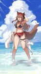  1girl :d animal_ears bikini black_bikini blue_sky breasts brown_eyes brown_hair cleavage cloud cloudy_sky full_body hair_between_eyes hand_on_headwear hand_up highres jacket jacket_removed lansane large_breasts looking_at_viewer navel open_mouth original outdoors red_headwear sky smile soaking_feet solo stomach swimsuit tail thighs tsana_(lansane) water white_jacket wolf_ears wolf_girl wolf_tail 