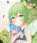  1girl bangs blue_dress blush blush_stickers button_eyes character_doll cirno collared_shirt commentary_request daiyousei don_(tiruchoco41) dress fairy_wings falling_leaves green_eyes green_hair grey_wings hair_between_eyes hair_ribbon highres leaf looking_at_viewer object_hug one_side_up puffy_short_sleeves puffy_sleeves ribbon shirt short_sleeves sleeveless sleeveless_dress solo touhou transparent_wings upper_body white_shirt wings yellow_ribbon 