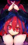  1girl blue_bow bow capelet disembodied_head fua_yuu hair_bow highres kneeling large_bow looking_at_viewer one-hour_drawing_challenge red_eyes red_hair red_skirt sekibanki short_hair skirt solo thighs touhou x_fingers 