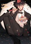  1boy birthday_cake black_bow black_bowtie black_footwear black_hair black_jacket black_legwear black_pants bow bowtie cake closed_mouth confetti dress_shirt eyelashes food formal fushiguro_megumi happy_birthday hat highres holding holding_cake holding_food jacket jujutsu_kaisen li_chestnuts long_sleeves looking_at_viewer male_focus pants party_hat party_whistle shirt short_hair sitting solo spiked_hair spotlight symbol-only_commentary vest 