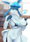  2022 anthro areola big_breasts bikini blue_body breasts clothing digital_media_(artwork) eeveelution female fingers genitals glaceon hi_res nintendo nipples pok&eacute;mon pok&eacute;mon_(species) pussy sana!rpg solo swimwear video_games 