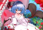  1girl absurdres alternate_costume bat_wings dress ei_tantan highres holding holding_umbrella open_mouth parasol purple_hair red_eyes red_ribbon remilia_scarlet ribbon short_hair solo touhou touhou_lost_word umbrella wedding_dress white_dress wings 