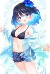  1girl :d bangs bare_shoulders bikini bikini_under_clothes black_bikini black_hair blue_eyes blue_flower blue_hair blue_shorts breasts cleavage collarbone commentary denim denim_shorts english_commentary flower hair_between_eyes hair_flower hair_ornament head_tilt highres hood hood_down hooded_jacket jacket kito_(sorahate) long_sleeves looking_at_viewer medium_breasts multicolored_hair navel off_shoulder open_clothes open_fly open_jacket open_shorts original puffy_long_sleeves puffy_sleeves see-through short_shorts shorts sleeves_past_wrists smile solo swimsuit two-tone_hair 