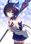  1girl ahoge bare_shoulders blue_eyes blue_hair blue_thighhighs bob_cut closed_mouth dress hair_ornament highres holding holding_scythe holding_weapon honkai_(series) honkai_impact_3rd kenjirohayamiti looking_at_viewer off-shoulder_dress off_shoulder purple_background scythe seele_vollerei seele_vollerei_(swallowtail_phantasm) short_hair smile solo tattoo thighhighs weapon white_dress white_sleeves 