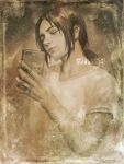  1girl androgynous cellphone christa_renz closed_eyes greyscale highres holding holding_phone low_ponytail monochrome nate_artuz phone sepia shingeki_no_kyojin shirt smartphone smartphone_case solo t-shirt upper_body v-neck ymir_(shingeki_no_kyojin) 