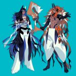  2boys animal_ears animal_feet arm_wrap baggy_pants black_hair black_pants blue_background blue_eyes closed_mouth colored_inner_hair dark-skinned_male dark_skin eda facepaint fake_animal_ears fox_boy fox_mask fox_pelt full_body holding holding_staff long_hair looking_at_viewer lowleg lowleg_pants male_focus mask medium_hair multicolored_hair multiple_boys orange_hair original outstretched_hand pants pelt purple_hair purple_nails scar scar_on_cheek scar_on_face short_eyebrows shrug_(clothing) staff standing two-tone_hair wolf_boy 