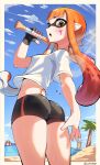  1girl :o arm_up ass bangs baseball_bat beach black_shorts blue_sky blush cloud commentary from_behind from_below gradient_hair gym_shorts highres holding holding_baseball_bat inkling looking_at_viewer multicolored_hair ocean open_mouth orange_hair panties panties_under_shorts see-through_shorts shirt short_shorts short_sleeves shorts sky solo splatoon_(series) standing sunlight two-tone_hair underwear wersman white_panties white_shirt 