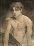  1boy abs bandage_over_one_eye blanket collarbone greyscale highres levi_(shingeki_no_kyojin) male_focus monochrome nate_artuz navel nude patreon_logo scar scar_on_face scar_on_mouth sepia shingeki_no_kyojin solo toned toned_male upper_body watermark web_address 