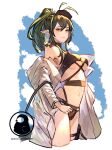  1girl absurdres antenna_hair arknights artist_logo artist_name bikini black_bikini black_headwear blue_lizz_penguin breasts cropped_legs gavial_(arknights) green_hair hair_between_eyes highres jacket long_hair long_sleeves looking_at_viewer medium_breasts navel off_shoulder official_alternate_costume open_clothes open_jacket pointy_ears ponytail simple_background solo stomach swimsuit thigh_strap underboob white_background white_jacket yellow_eyes 
