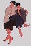  2boys absurdres bangs barefoot black_hair blue_hakama commentary_request eyelashes father_and_son feet full_body fushiguro_megumi fushiguro_touji green_eyes hair_between_eyes hakama hakama_skirt hand_on_own_chin head_tilt highres japanese_clothes jujutsu_kaisen kimono li_chestnuts long_sleeves looking_at_viewer male_focus mature_male multiple_boys parted_lips scar scar_on_face scar_on_mouth short_hair simple_background sitting sitting_on_lap sitting_on_person skirt smile spiked_hair teeth wide_sleeves 