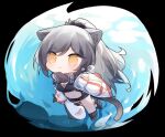 1girl :&lt; animal_ears anklet arknights black_background black_footwear black_scarf black_shirt black_shorts breasts cat_ears cat_girl cat_tail chibi cleavage full_body grey_hair infection_monitor_(arknights) jacket jewelry long_hair medium_breasts navel open_clothes open_jacket ponytail renren scarf schwarz_(arknights) shark shirt shoes shorts simple_background solo swimming tail underwater white_jacket yellow_eyes 