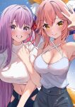  2girls absurdres animal_ear_fluff animal_ears bb_(fate) blue_pants breasts cleavage closed_mouth fate/grand_order fate_(series) fox_ears fox_girl fox_tail hair_ribbon halterneck hand_up highres large_breasts long_hair looking_at_viewer medium_breasts multiple_girls navel pants pink_hair purple_eyes purple_hair red_ribbon rei_(ilust9999) ribbon smile sweater tail tamamo_(fate) tamamo_no_mae_(fate/extra) turtleneck turtleneck_sweater white_sweater yellow_eyes 