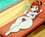  2022 6:5 anthro beverage bikini breasts canid canine canis clothing domestic_dog erica_(disney) female hi_res legwear lonbluewolf looking_at_viewer mammal mickey_mouse_shorts nipples one_eye_closed solo swimwear thigh_highs wink 