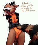  2022 anthro blush brown_body bulge butt clothing dialogue embarrassed english_text guardians_of_the_galaxy male mammal marvel mindkog orange_bodysuit procyonid raccoon rear_view red_eyes rocket_raccoon solo text tight_clothing 