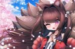  1girl ;d amagi-chan_(azur_lane) animal_ears azur_lane bangs blue_sky blunt_bangs blush brown_hair cherry_blossoms cloud cloudy_sky commentary_request eyes_visible_through_hair eyeshadow fox_ears fox_girl fox_tail hair_ornament highres inkyubeiteo japanese_clothes kyuubi long_hair looking_at_viewer makeup multiple_tails one_eye_closed petals purple_eyes rope shimenawa sidelocks sky smile solo tail twintails wide_sleeves wind 