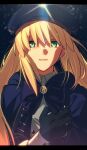  1girl artoria_caster_(fate) artoria_caster_(second_ascension)_(fate) artoria_pendragon_(fate) beret black_bow black_gloves blonde_hair blue_cloak bow buttons chietori cloak collar collared_shirt commentary fate/grand_order fate_(series) gem gloves gold_trim green_eyes green_gemstone hair_bow hat highres long_sleeves looking_at_viewer multiple_tails open_mouth purple_bow ribbon shiny shirt tail two_tails white_shirt 