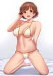  1girl :d barefoot bikini breasts brown_eyes brown_hair gradient gradient_background green_eyes grey_background highres honda_mio idolmaster idolmaster_cinderella_girls large_breasts looking_at_viewer navel short_hair smile solo swimsuit toes tomajiyama white_background white_bikini 