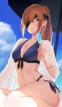  1girl bikini blue_bikini blue_eyes bracelet breasts brown_hair day eyepatch fate/grand_order fate_(series) food hair_over_one_eye highres hikichi_sakuya jewelry kneeling long_hair looking_at_viewer medium_breasts navel open_clothes ophelia_phamrsolone outdoors parasol popsicle see-through sidelocks solo swimsuit umbrella 