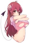  1girl :o bottomless breasts clothes_lift curled_horns demon_girl demon_horns demon_tail highres horns large_breasts lifted_by_self long_hair looking_at_viewer machikado_mazoku mel_(melty_pot) navel pink_shirt red_eyes red_hair shirt shirt_lift simple_background solo stomach tail underboob undressing wet wet_clothes wet_shirt white_background yoshida_yuuko_(machikado_mazoku) 