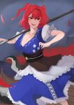  1girl bangs blue_kimono breasts cleavage flower hair_bobbles hair_ornament highres holding holding_scythe japanese_clothes kimono large_breasts obi onozuka_komachi open_mouth red_eyes red_hair sash scythe short_sleeves solo spider_lily touhou two_side_up yatsu_(yaxtu1029) 