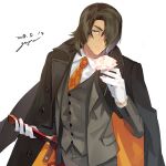  1boy black_hair blue_eyes coat dated facial_hair flower formal gloves goya_(xalbino) hair_over_one_eye holding holding_weapon long_hair looking_at_viewer male_focus necktie plaid_necktie rose schwann_oltorain sheath stubble suit sword tales_of_(series) tales_of_vesperia tuxedo unsheathing weapon white_gloves 