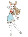  1girl arm_behind_head blue_dress brown_eyes brown_hair dress genzoman holding holding_poke_ball jasmine_(pokemon) long_hair long_sleeves looking_at_viewer poke_ball pokemon pokemon_(game) pokemon_hgss sandals short_dress smile solo white_background 