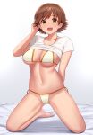  1girl :d barefoot bikini breasts brown_hair clothes_lift gradient gradient_background green_eyes grey_background highres honda_mio idolmaster idolmaster_cinderella_girls large_breasts looking_at_viewer navel shirt shirt_lift short_hair short_sleeves smile solo swimsuit t-shirt toes tomajiyama white_background white_bikini white_shirt 