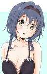  1girl bangs black_bra blue_hair blush bra braid breasts brown_hairband cleavage collarbone commentary_request furutani_himawari hairband highres lace-trimmed_bra lace_trim looking_at_viewer parted_lips pilolimaru short_hair solo twin_braids underwear yellow_eyes yuru_yuri 