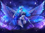  anthro anthrofied blue_eyes blue_hair blue_theme bottomwear breasts cleavage clothed clothing cutie_mark equid equine ethereal_hair fangs friendship_is_magic hair hasbro hi_res horn koveliana legwear loincloth mammal my_little_pony nightmare_moon_(mlp) smile sparkles spread_wings star stockings translucent translucent_clothing whip winged_unicorn wings 