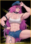  1girl abs absurdres biceps blue_eyes bracelet breasts caution_tape choker cuffs denim denim_shorts final_fight handcuffs hat highres jewelry large_breasts long_hair looking_at_viewer muscular muscular_female pink_hair poison_(final_fight) police_hat shorts solo speedl00ver thick_thighs thighs 
