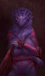  anthro big_breasts black_body black_skin breasts female hair hi_res horn humbleguest jinn looking_at_viewer nude red_eyes simple_background solo synx tattoo yetzer_hara 