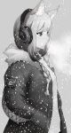 1girl absurdres animal_ear_fluff animal_ears arknights braid breath grey_background greyscale hands_in_pockets headphones highres hood hood_down hooded_jacket implied_extra_ears jacket kjerag_logo long_hair monochrome open_clothes open_jacket parted_lips ratatos_browntail_(arknights) simple_background snowing solo squirrel_ears squirrel_girl upper_body yan_kodiac 