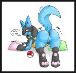  anthro anus black_anus black_border border butt canid canine danwolf danwolf15 dialogue english_text female genitals hi_res lucario mammal nintendo paws pok&eacute;mon pok&eacute;mon_(species) presenting pussy solo talking_to_viewer text video_games 