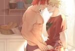  2boys bakugou_katsuki basket black_male_underwear blonde_hair boku_no_hero_academia bread_slice closed_eyes coffee coffee_mug cup donnaoneone hand_on_another&#039;s_thigh holding holding_cup indoors kirishima_eijirou light male_focus male_underwear mug multiple_boys nipples plant potted_plant red_hair red_shirt shirt sitting spiked_hair steam symbol-only_commentary topless_male underwear yaoi 