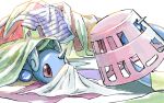  clothes commentary_request covered_mouth dragonair horns laundry_basket mukiguri no_humans pokemon pokemon_(creature) red_eyes shirt single_horn spikes white_background 