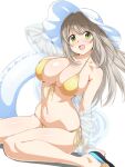  1girl :d bangs bikini blue_archive blush breasts brown_hair cleavage collarbone front-tie_bikini front-tie_top green_eyes hat innertube large_breasts light_brown_hair loliconder long_hair looking_at_viewer navel nonomi_(blue_archive) nonomi_(swimsuit)_(blue_archive) open_mouth side-tie_bikini simple_background sitting smile solo sun_hat swimsuit wariza white_background white_headwear yellow_bikini 