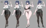  1girl action_taimanin artist_name ass between_breasts black_bra black_skirt blue_hair bra breasts character_name cleavage collar fei_(maidoll) full_body grey_background high_heels highres huge_breasts lingerie nail_polish navel official_art pantyhose pencil_skirt ponytail reference_sheet seamed_legwear shirt skirt taimanin_(series) thigh_gap uehara_rin underwear white_shirt wide_hips 