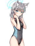  1girl animal_ear_fluff animal_ears bare_arms bare_shoulders black_swimsuit blue_archive blue_eyes breasts closed_mouth competition_swimsuit covered_navel cowboy_shot extra_ears fox_ears grey_hair halo hands_up highleg highleg_swimsuit highres long_hair looking_at_viewer one-piece_swimsuit ryuinu shiroko_(blue_archive) shiroko_(swimsuit)_(blue_archive) simple_background small_breasts solo standing swimsuit thighs white_background 