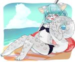  2021 anthro beach bikini bikini_bottom bikini_top blush braided_hair clothing cloud cute_fangs day eyes_closed eyewear felid female glasses green_hair hair mammal navel outside pantherine round_glasses seaside smile snow_leopard solo spots spotted_body swimwear tail_hug uri880 water 