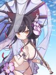  1girl absurdres animal_ears bangs bare_shoulders black_hair blue_archive blunt_bangs breasts cleavage collarbone commentary_request flower fox_ears fox_girl fox_tail hair_flower hair_ornament halo highres holding holding_umbrella inkyubeiteo leaning_forward long_hair looking_at_viewer navel official_alternate_costume oil-paper_umbrella orange_eyes parasol ribbon scrunchie sidelocks smile solo spaghetti_strap stomach tail umbrella wakamo_(blue_archive) wakamo_(swimsuit)_(blue_archive) wrist_ribbon wrist_scrunchie 