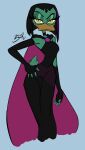  2022 absurd_res anatid anseriform anthro armwear avian bird black_clothing black_dress cape choker clothing dated disney dress duck ducktales ducktales_(2017) elbow_gloves eyelashes feathers female fingerless_elbow_gloves fingerless_gloves gloves green_body green_feathers handwear hi_res jewelry magica_de_spell necklace pupils signature simple_background slit_pupils smile solo wayesh yellow_eyes 