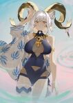  1girl absurdres animal_ears arknights arm_up armlet black_swimsuit carnelian_(arknights) carnelian_(shining_dew)_(arknights) casual_one-piece_swimsuit cowboy_shot dark-skinned_female dark_skin goat_ears goat_girl goat_horns grey_hair hand_on_own_face highres horn_ornament horns jewelry necklace one-piece_swimsuit renxzd shawl short_hair swimsuit thigh_strap white_hair 
