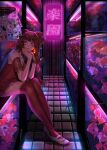  1girl aquarium bow brown_hair fish frills hair_bow hakurei_reimu highres indoors koi large_bow miniskirt neon_lights red_shirt red_socks shirt shoes skirt skirt_set socks solo thighhighs thighs touhou wrist_cuffs yamazaki_tsukune 