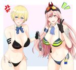  2girls alternate_costume arm_behind_back arm_tattoo arm_up artificial_eye ascot bangs bare_shoulders bikini black_bikini black_gloves blonde_hair blue_bikini blue_bow blue_bowtie blue_eyes blush bow bowtie breasts cleavage collarbone crossed_arms cuffs fang feet_out_of_frame girls&#039;_frontline gloves hair_ornament hairclip handcuffs highres holding holding_handcuffs huge_breasts id_card long_hair looking_at_viewer mechanical_eye mole mole_on_breast multiple_girls navel neck_tattoo open_mouth pink_hair police police_uniform policewoman red_eyes short_hair sig_mcx_(girls&#039;_frontline) simple_background smile snowflake_hair_ornament standing sumi_ojie swimsuit tattoo uniform v vsk-94_(girls&#039;_frontline) 