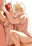  2boys against_wall bakugou_katsuki blonde_hair blush boku_no_hero_academia bottomless donnaoneone french_kiss holding_another&#039;s_wrist kirishima_eijirou kiss male_focus multiple_boys necktie profile red_eyes red_necktie school_uniform shirt spiked_hair straddling u.a._school_uniform white_shirt yaoi 