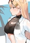  1girl absurdres alternate_costume bikini black_bikini black_ribbon blonde_hair breasts brown_eyes cleavage_cutout clothing_cutout dyson_(edaokunnsaikouya) ear_piercing gradient_hair hair_flaps hair_ornament hair_ribbon hairclip highres kantai_collection long_hair looking_to_the_side medium_breasts multicolored_hair piercing red_eyes ribbon shirt solo swimsuit upper_body white_shirt yuudachi_(kancolle) yuudachi_kai_ni_(kancolle) 