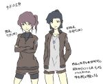  2girls alisa_(girls_und_panzer) alternate_hair_length alternate_hairstyle alternate_universe brown_jacket collarbone commentary_request girls_und_panzer jacket multiple_girls nishi_kinuyo older run_the_9tails shirt short_twintails shorts shorts_under_shorts star_(symbol) translation_request twintails uniform white_shirt 