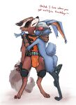  2022 anthro blackjack_o&#039;hare blue_body brown_body bulge butt cybernetic_leg cybernetic_limb cybernetics cyborg dialogue digitigrade duo embrace english_text genital_outline guardians_of_the_galaxy hare hi_res hug lagomorph leporid machine male mammal marvel mindkog nude orange_bodysuit penis_outline procyonid raccoon red_eyes rocket_raccoon simple_background standing text white_background 
