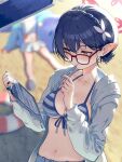  2girls ayane_(blue_archive) ayane_(swimsuit)_(blue_archive) bikini blue_archive blue_hair blurry blurry_background blush braid breasts brown_eyes butterfly_hair_ornament cleavage clipboard closed_mouth collarbone crown_braid front-tie_top glasses hair_ornament halo halterneck hands_up highres holding holding_clipboard holding_pen hoshino_(blue_archive) hoshino_(swimsuit)_(blue_archive) innertube kabu_(niniko2ko) large_breasts long_sleeves multiple_girls navel open_clothes open_shirt pen pen_to_mouth pointy_ears red-framed_eyewear shirt shorts solo_focus stomach striped striped_bikini swimsuit two-tone_bikini upper_body white_shirt 