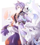  1boy animal_ears black_gloves dated delphox elbow_gloves fire fox_boy fox_ears gloves holding holding_stick japanese_clothes kuya_(nu_carnival) male_focus mole mole_under_eye nazuna220209 ninetales nu_carnival pokemon profile purple_eyes purple_hair solo_focus standing stick twitter_username zorua 